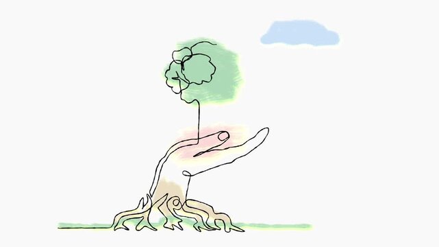 Rooted Hand Grows Tree Toward Cloud in One Line Watercolor Animation of Ecology and Sustainable Growth