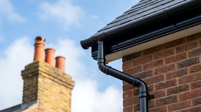 Close-up of black seamless gutter system installed on brick house roof with tile roofing and chimney, blue sky background, exterior home improvement.