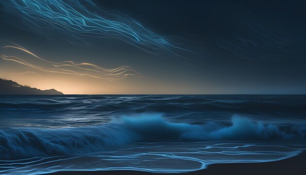 Bioluminescent glowing blue ocean waves on dark shore at night