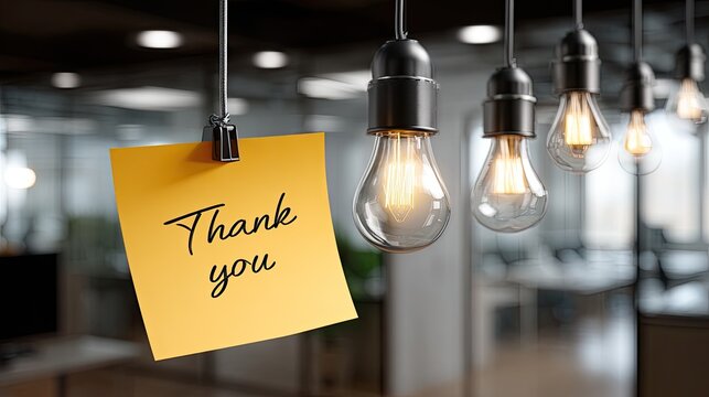 Warmly lit office features a stylish yellow sticky note with thank you writing, creating an inviting ambiance for a thoughtful message