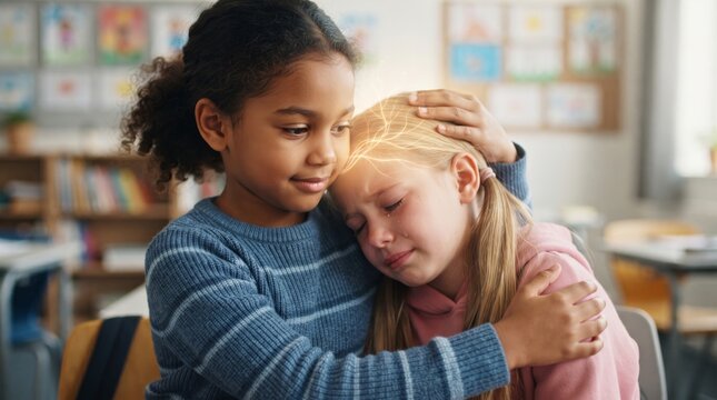 African american girl comforting crying caucasian girl in classroom. Child supporting friend with emotional distress. Empathy and kindness visual, mental health support in education.