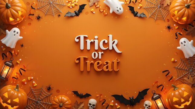 Festive halloween background with pumpkins ghosts and trick or treat text