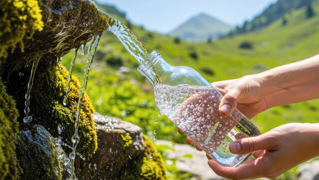 Hands filling glass bottle with fresh mountain spring water from mossy rock in sunny valley evoking purity and refreshment.