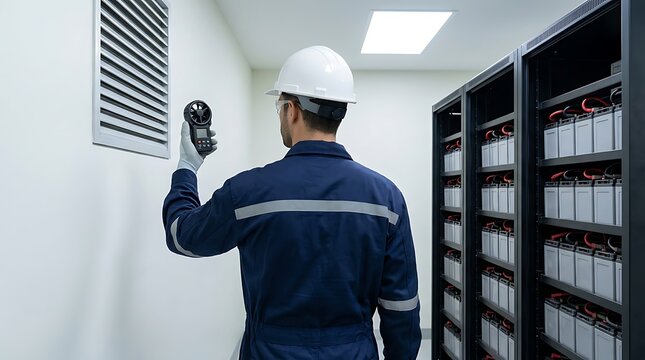 Technician in hard hat uses anemometer to measure airflow from ventilation grate in server room with battery racks.