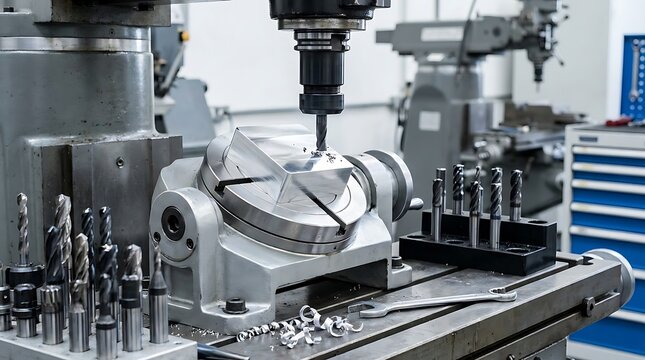 Industrial metal milling machine performs precise mechanical cutting of aluminium workpiece with carbide end mill tool on a rotating trunnion fixture workspace.