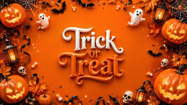Festive halloween arrangement with pumpkins ghosts and trick or treat text