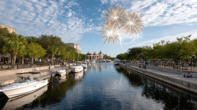 Boats line the bustling canal as fireworks burst overhead, creating a magical atmosphere at sunset in the lively city