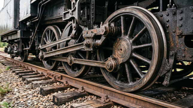 Close-up, low-angle tracking shot of heavy freight train wheels and bogies rolling dynamically along railway tracks over ballast stone