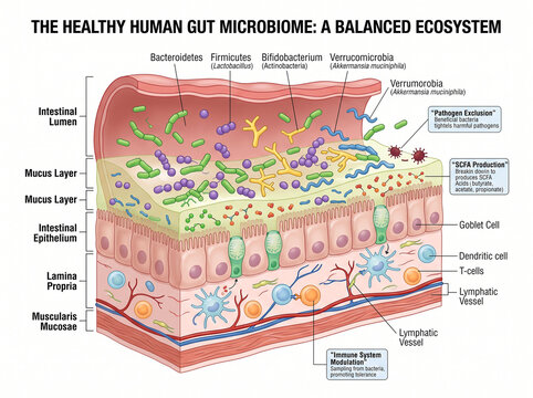 Scientific Infographic Diagram of the Healthy Human Gut Microbiome and Balanced Ecosystem Anatomy.
