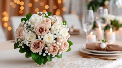 Obraz premium A beautiful bouquet of roses and jasmine on a table, with delicate petals and gold plates, sets a romantic scene