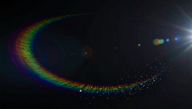 Abstract rainbow light effect with lens flare and bokeh on a dark background, artistic design element