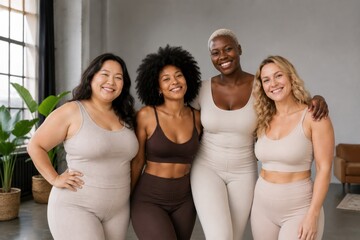 Fototapeta premium Body positivity and fitness: four multi-ethnic women of varying body types smile in beige and brown workout clothes. Suitable for themes of diversity, fitness, women's health, and fashion.