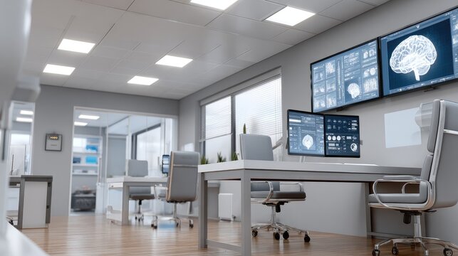 Pristine medical space featuring digital brain images on screens, advanced equipment, and sleek furniture designed for modern healthcare
