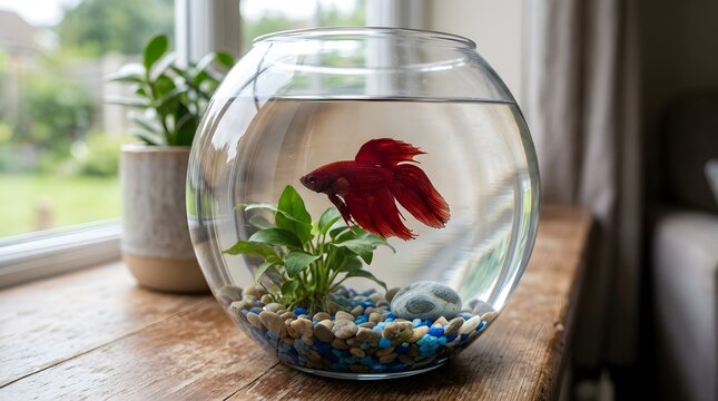 Red betta fish swimming in a round glass aquarium with green plants and colorful pebbles on a wooden surface near