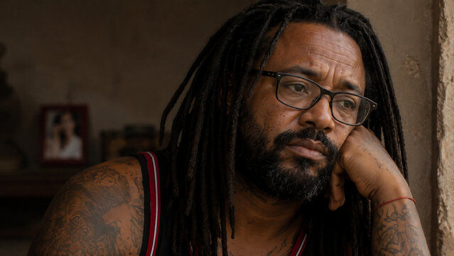 Thoughtful bearded man with dreadlocks and glasses sitting indoors, resting his head on his hand. Authentic lifestyle portrait with a calm, introspective mood.