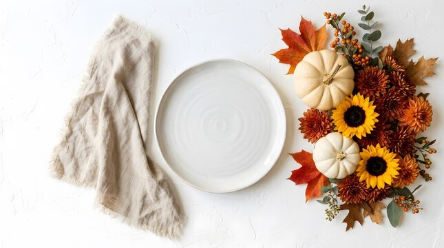 A beautifully styled autumn tablescape featuring a neutral toned linen napkin a simple ceramic plate and a vibrant floral arrangement of sunflowers and pumpkins evoking