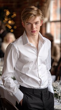 Handsome young man in a white shirt waits for someone in a lively restaurant, exuding a relaxed and stylish charm