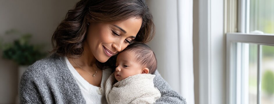 In gentle morning light, a mother gazes lovingly at her newborn, enveloped in tranquility and joy, embracing their bond