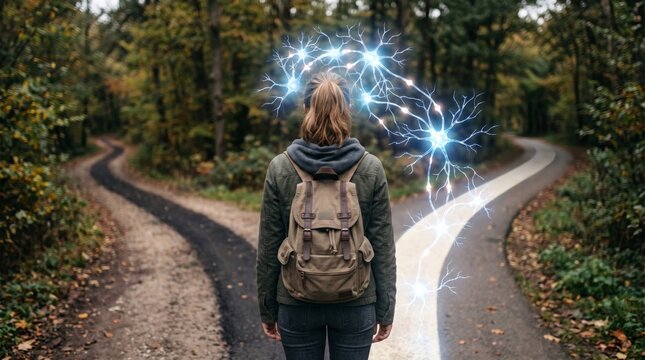 Woman standing at a fork in the road with glowing neural network. Concept of decision making, human mind, consciousness, brain activity, choice, and cognitive psychology in nature.