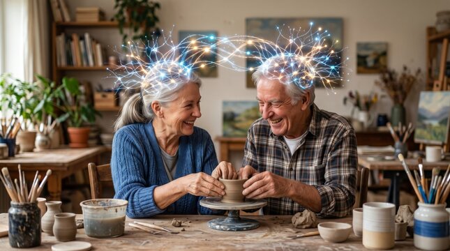 Senior woman and man potter working with clay on wheel. Creative connection and innovation concept with glowing neural network brain. Elderly couple bonding with digital art technology.