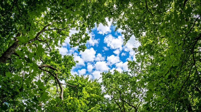 Beautiful Blue Sky Visible Through Lush Green Forest Canopy
