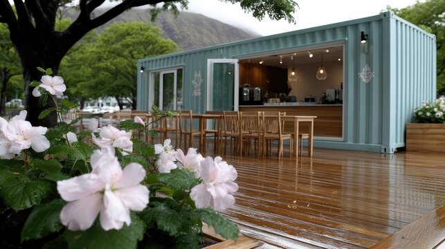 Colorful flowers adorn the facade of a green shipping container cafe, inviting visitors amidst rain in a tranquil mountain setting