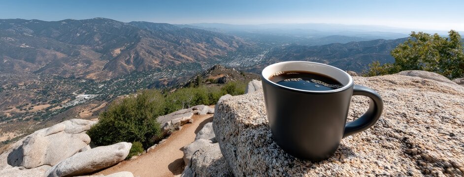 A black coffee mug sits on a wooden surface at the edge of an alien planet, showcasing mountains and deserts in bright light