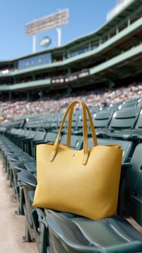 Yellow tote bag positioned on a chair in a baseball stadium as fans enjoy the game on a bright sunny day