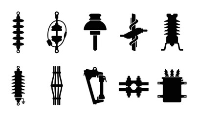 Naklejka premium Electrical Insulator Icon Set Featuring High Voltage Power Line Equipment and Transmission Infrastructure Components