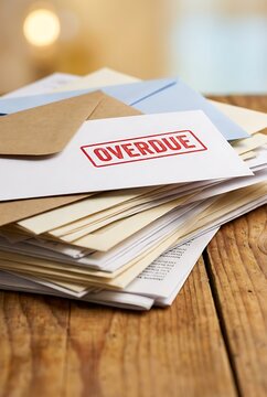 Top view of organized pile of business mail displaying prominent red overdue stamp on paper sheet for illustrating urgent accounting and billing reminders today.