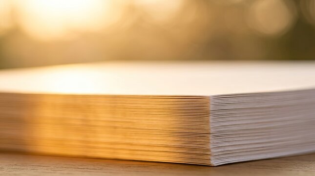 Stack of white paper on a desk with a warm golden light bokeh background.