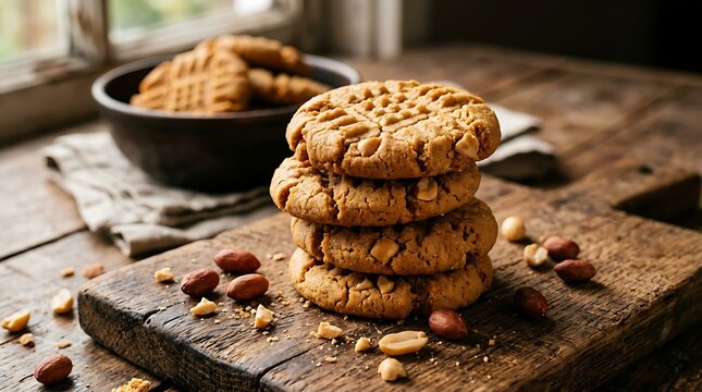 A stack of delicious chocolate chip cookies with nuts on a rustic wooden cutting board in a cozy home kitchen