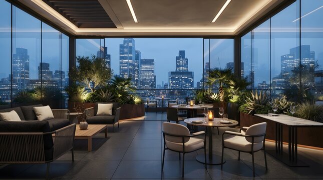 Luxury rooftop restaurant terrace with panoramic city skyline and elegant outdoor dining at blue hour