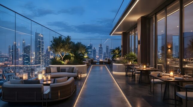 Luxury rooftop restaurant terrace with panoramic city skyline and elegant outdoor dining at blue hour