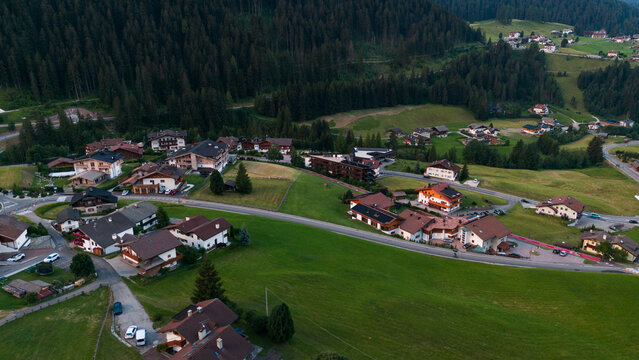 Aerial view of rural road, road junction in a mountain village