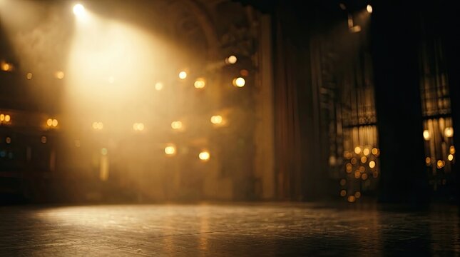 Empty Theater Stage with Dramatic Spotlight and Bokeh Lights
