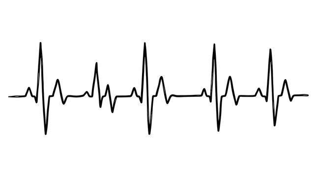 Black heartbeat line drawing showing a medical pulse rhythm signal for health care and heart monitor equipment