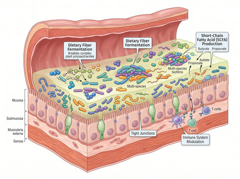 A detailed, educational scientific infographic illustration depicting the structure of the healthy human gut microbiome and its balanced ecosystem.