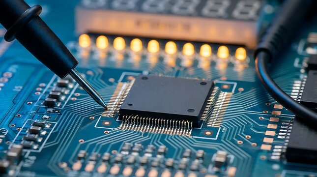 Electronic test probes touching pins on microchip integrated circuit board represent professional hardware engineering diagnostic maintenance repair technical service.