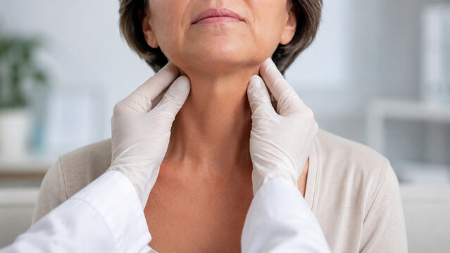 Doctor Hands Examining Lymph Nodes on Senior Woman Patient Neck