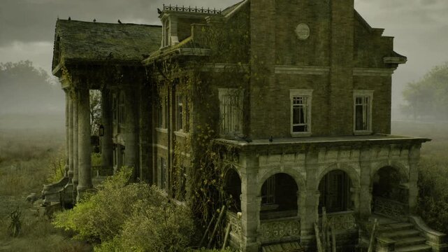 Ivy choked Romanian veranda with crumbling columns, tangled vines, damp stone steps, abandoned entrance, overcast rural setting, quiet neglect.