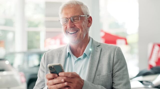 Laugh, car dealership and cellphone for texting, communication and showroom for social media. Technology, smartphone or typing for seller, online and funny for meme or comedy conversation with client