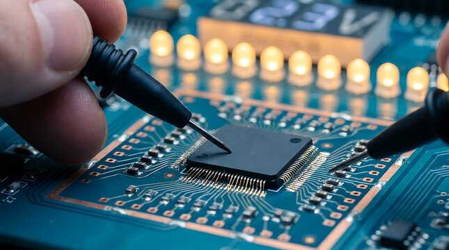 Technician using probes to test central processing unit on a blue circuit board with glowing LEDs for technology and electronic repair.