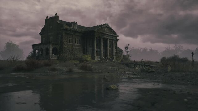 Isolated Moldovan manor perched on muddy islet with reflected silhouette in shallow floodwater, heavy violet clouds and ruined wings cinematic isolation
