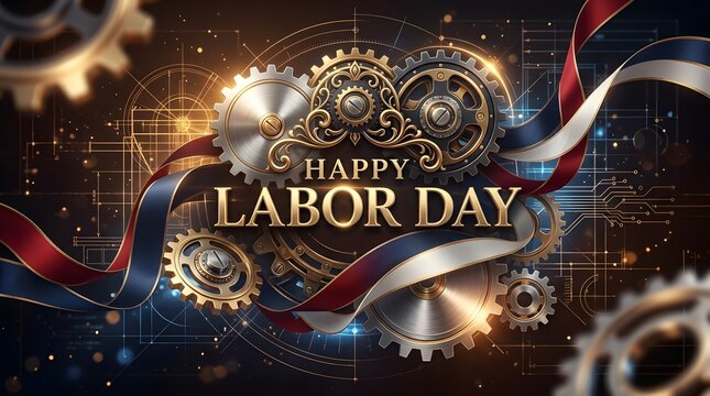 Happy labor day greeting card with metallic gears and industrial machinery elements on a dark background
