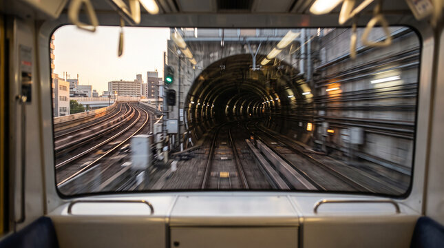 Forward-facing view from inside a moving train carriage looking through the front window as the tracks curve toward a dark circular tunnel entrance during late afternoon.