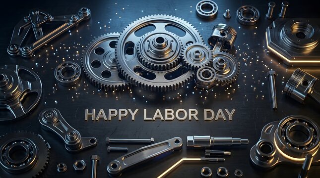 Happy labor day greeting card with metallic gears and industrial tools arranged on a dark textured background