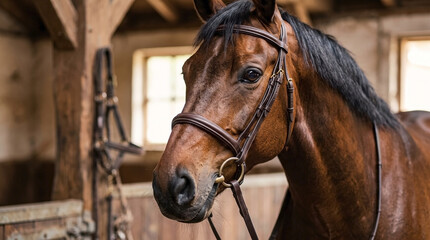 Obraz premium Close up portrait of a bay Dutch Warmblood horse wearing a leather bridle. Brown equine head in a wooden stable. Equestrian tack and riding equipment