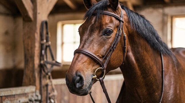 Close up portrait of a bay Dutch Warmblood horse wearing a leather bridle. Brown equine head in a wooden stable. Equestrian tack and riding equipment