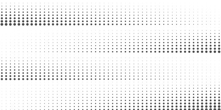 Black and white abstract halftone dots gradient background. Horizontal dotted lines vector texture.